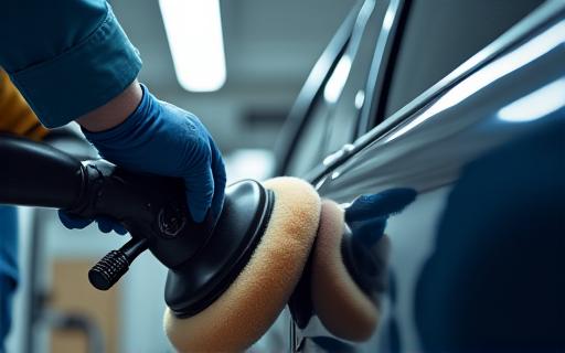 A detailer using a polishing machine on a car door